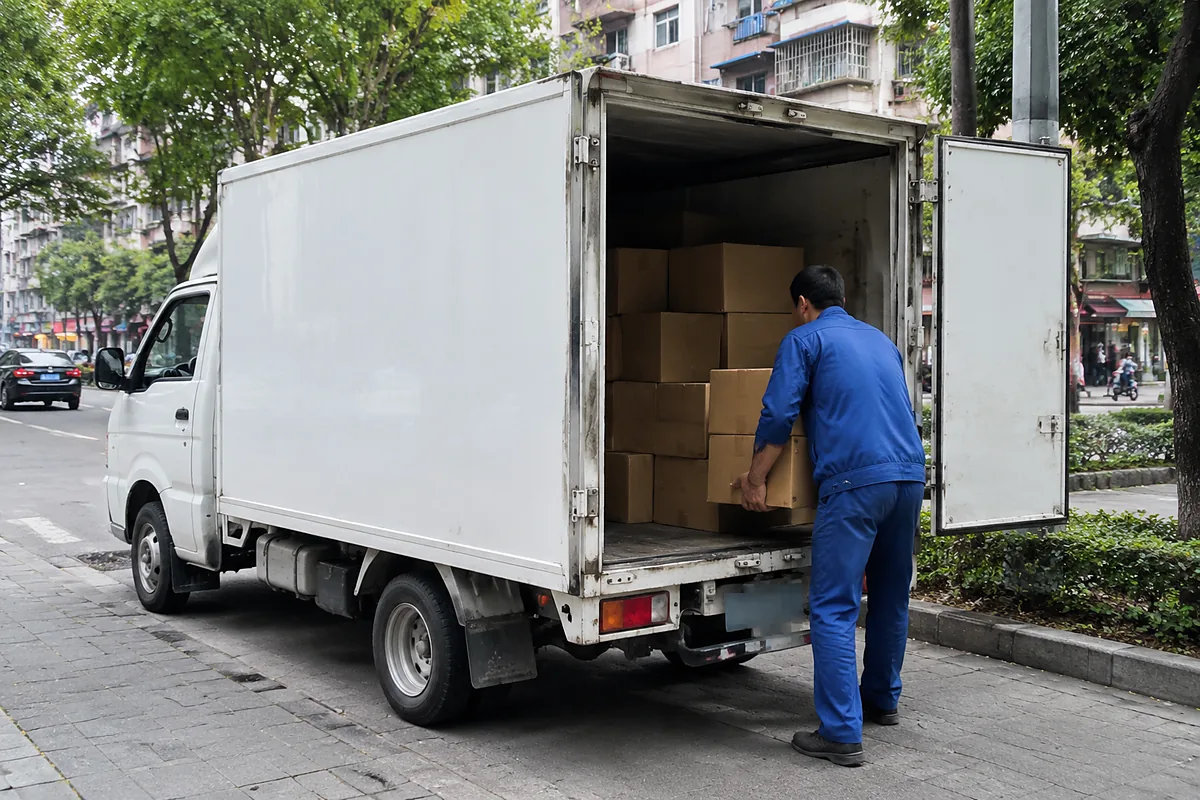 慕琛商贸配送实拍,广州街道旁白色厢式货车正在装文具纸箱