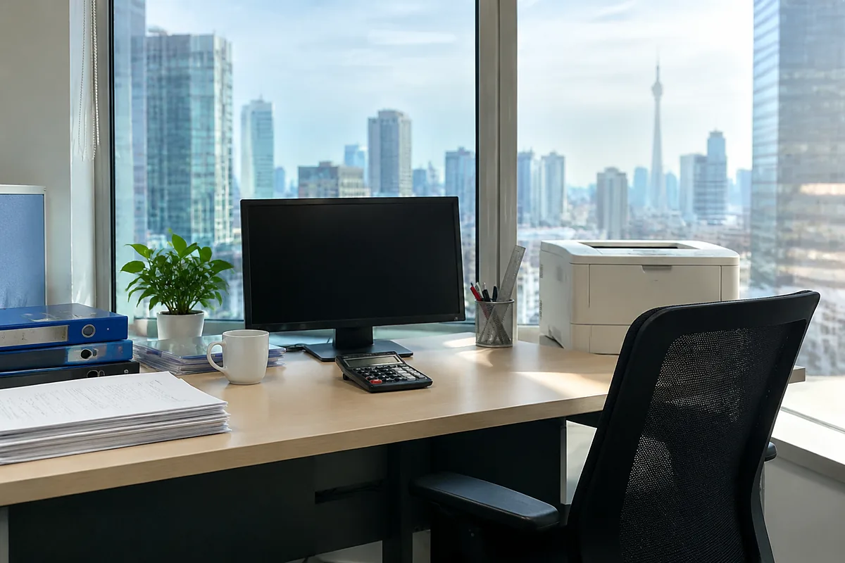 慕琛商贸办公区实景,显示器与打印机旁摆放配货单据