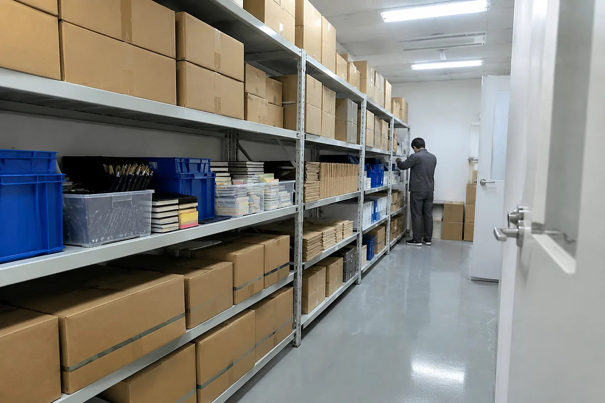 慕琛商贸备货区实景,货架上码放复印纸箱与文具周转箱